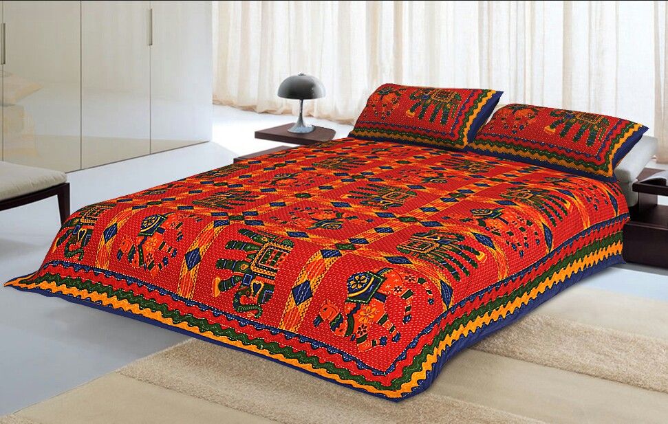 Blue Border Jaisalmer Handmade Embroidery with katha Thread Work Elephant Print Double Bed Sheet with Two Pillow Covers