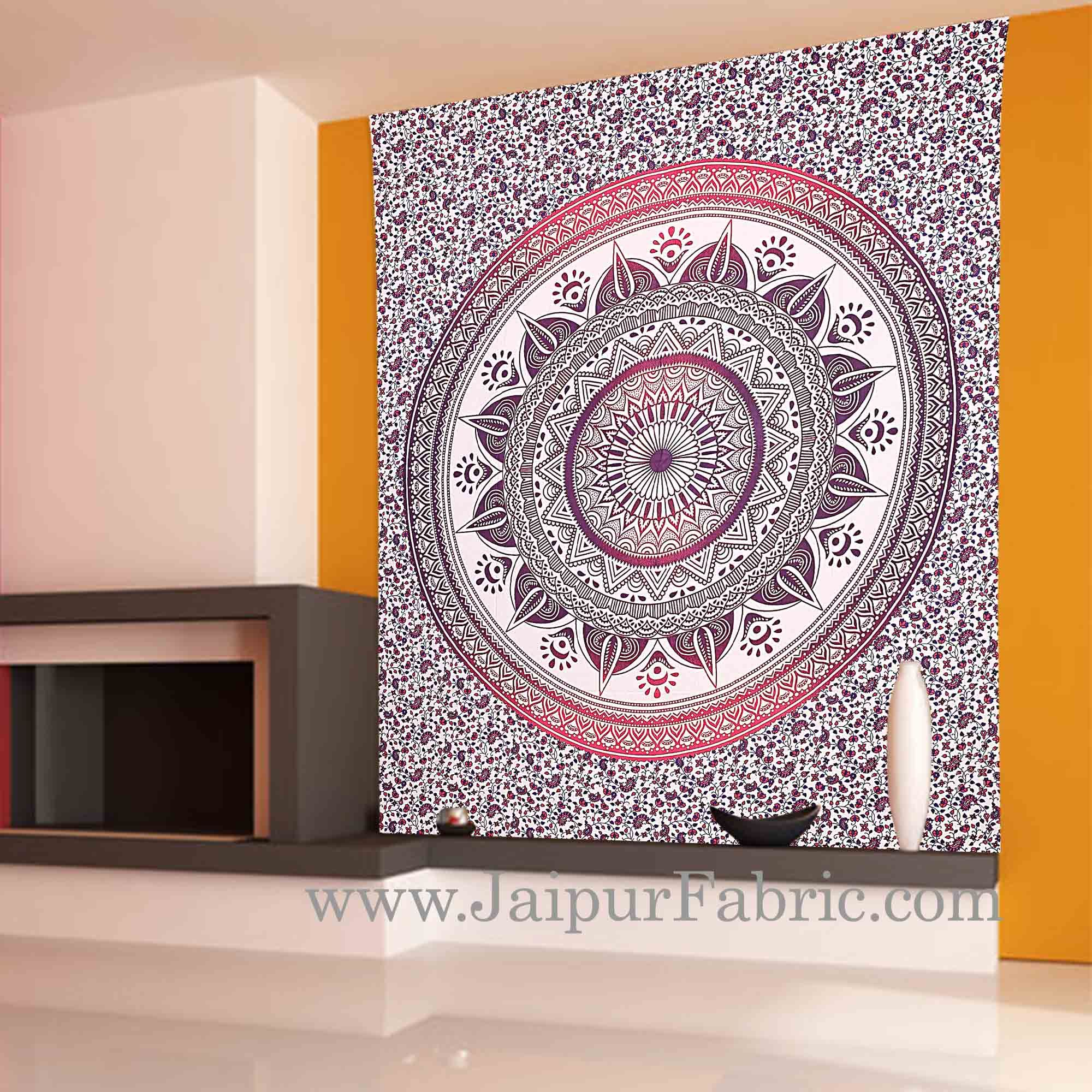 Purple Mandala Tapestry with white hippie indian traditional wall hanging and beach throw