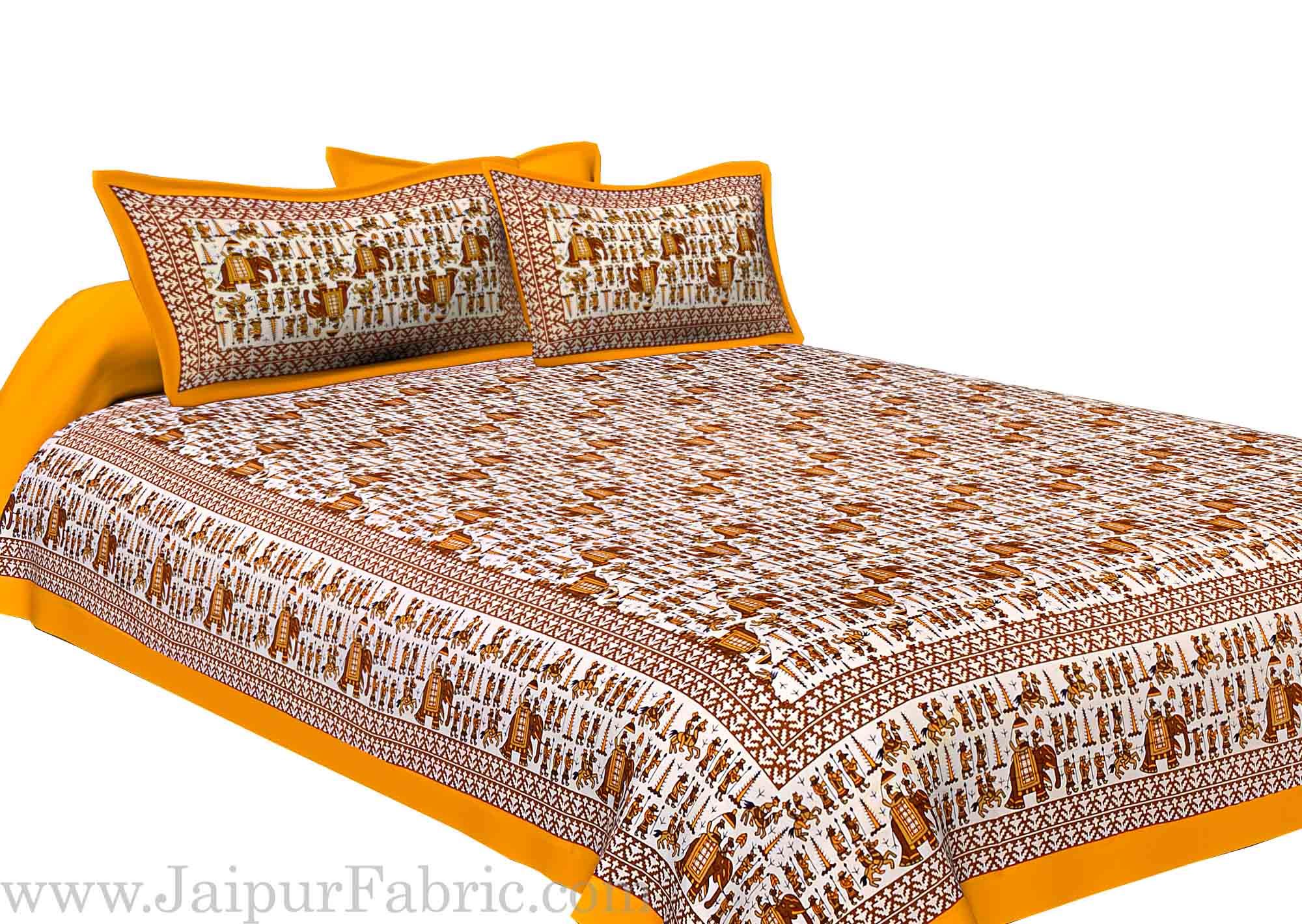 Yellow Pastel Color Jaipuri Fat Wedding Print Cotton Double Bed Sheet