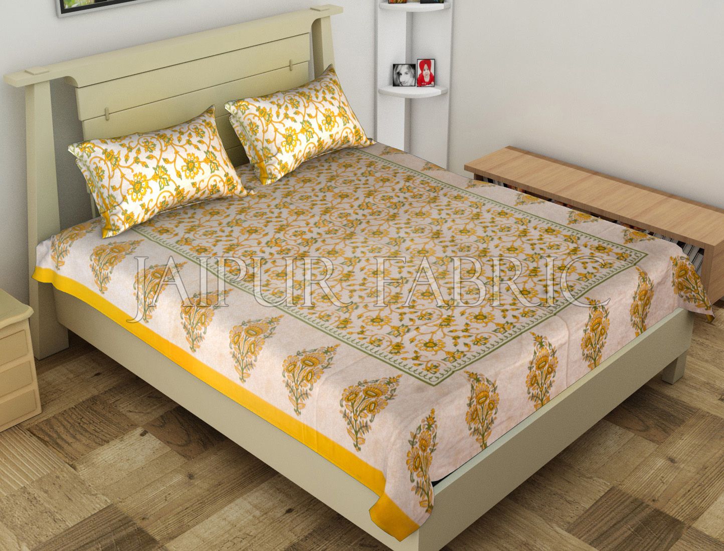 Yellow Border Anthemion Pattern Cotton Single Bed Sheet