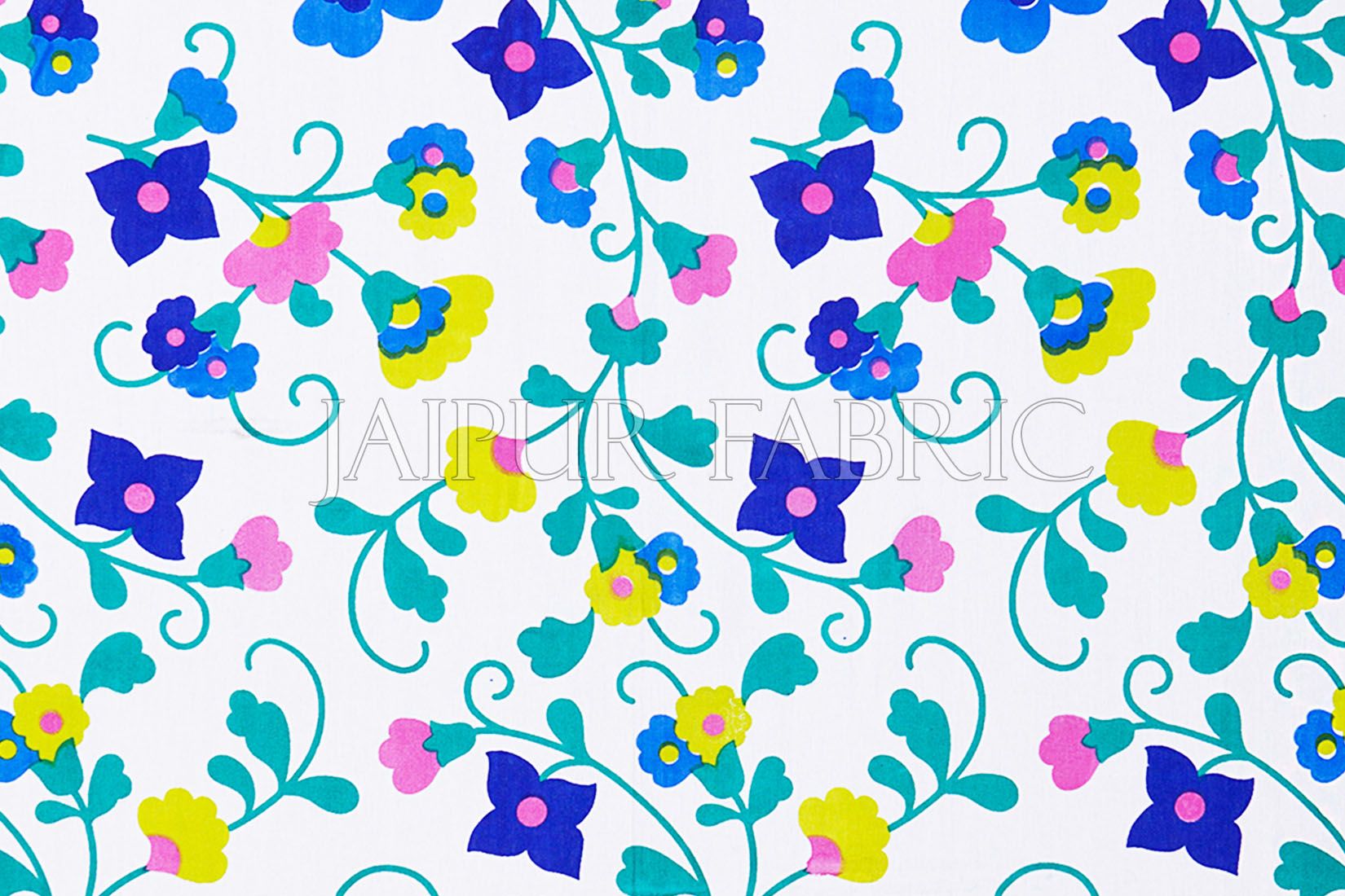 Blue Checkered Border Floral Print Cotton Double Bed Sheet