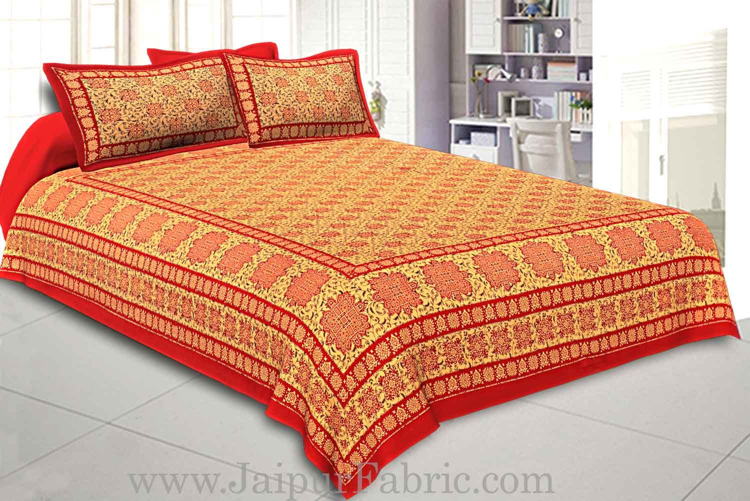 Double Bed Sheet Red Border Hand Block  Bagru Print Cotton Double Bed Sheet
