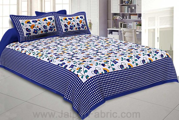 Floral Double Bedsheet Blue Color Checkred Border With 2 Pillow Covers