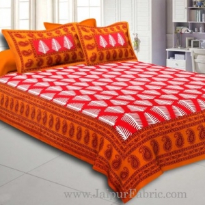 Brown Border  Red Base White Large Leaf  Cotton Double Bed Sheet