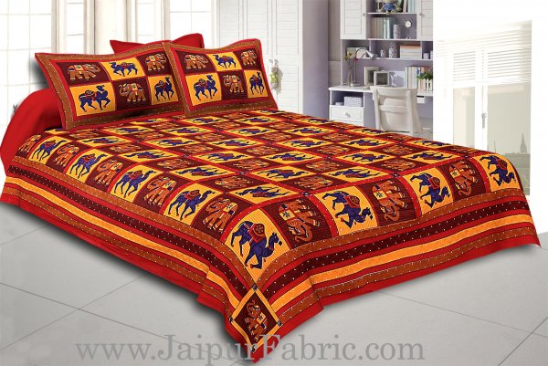 Maroon Lining And Dotted Border Camel And Elephant Print In Square Pattern Cotton Double Bed Sheet