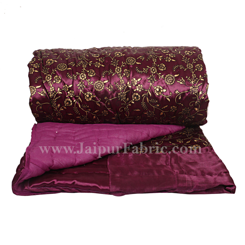 Purple Base Golden Floral Satin Silk Single Quilt