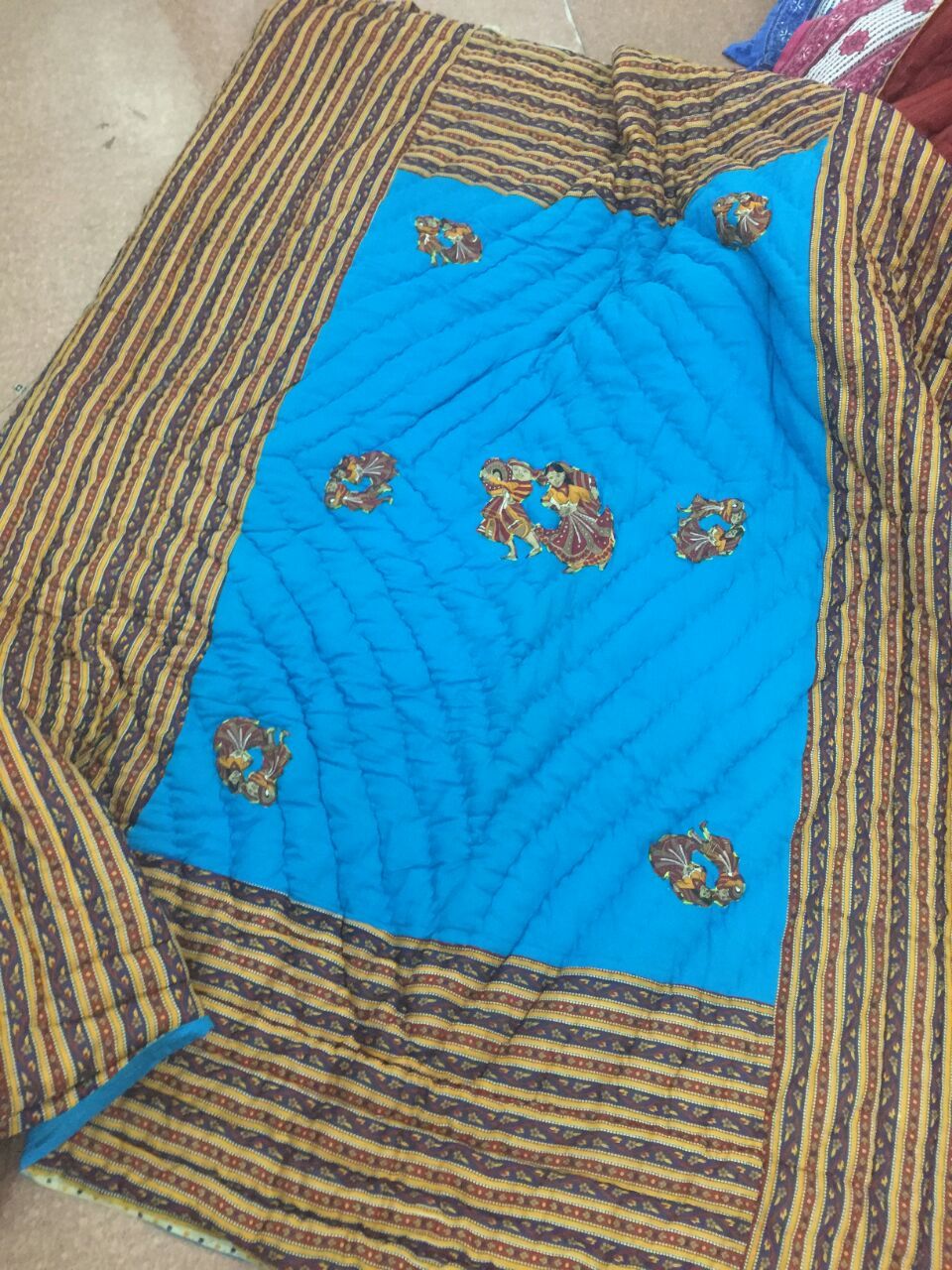Blue Base Rajasthani Dancing Thread Work Cotton Double Bed Jaipuri Quilt