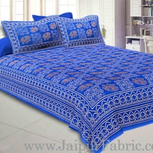 Double Bedsheet Royal Blue Border Golden Elephant Print With Two Pillow Cover