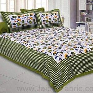Floral Double Bedsheet Green Color Checkred Border With 2 Pillow Covers