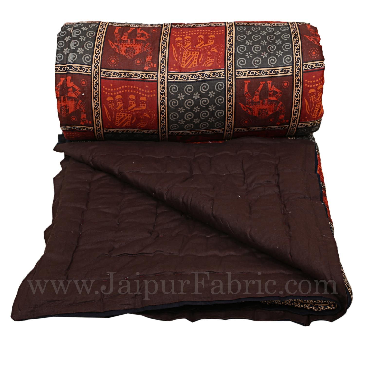 Double Bed Quilt Check & Dabu With Elephant And Camel Print Cotton (Multicolour)