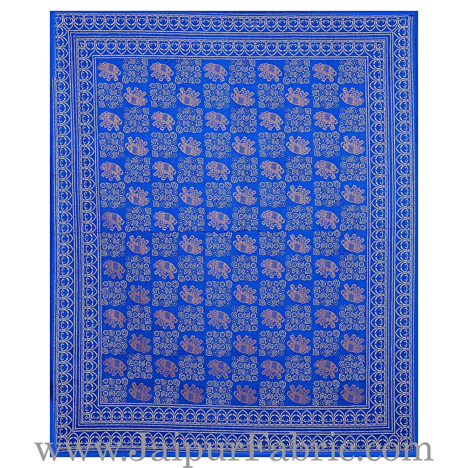 Double Bedsheet Royal Blue Border Golden Elephant Print With Two Pillow Cover