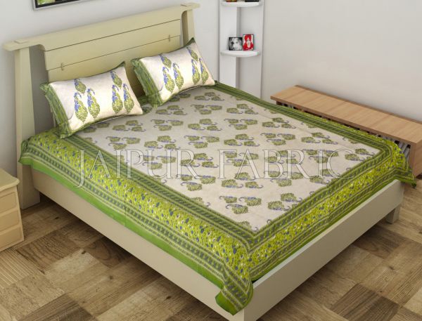 Green Border Boteh Printed Cotton Single Bed Sheet