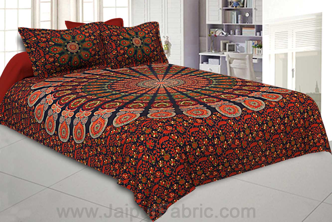 Red Mandala Bedsheet Tapestry Floral Print With 2 Pillow Covers