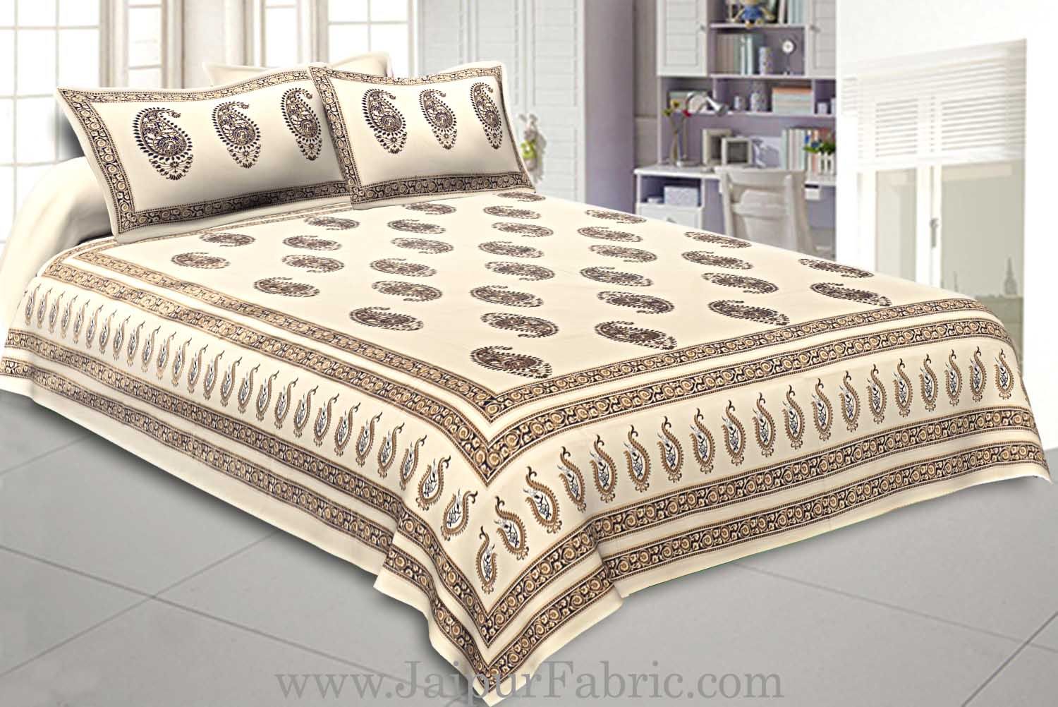 Double Cotton Bed Sheet  Cream  Base With Golden hand Block Paisley  Print