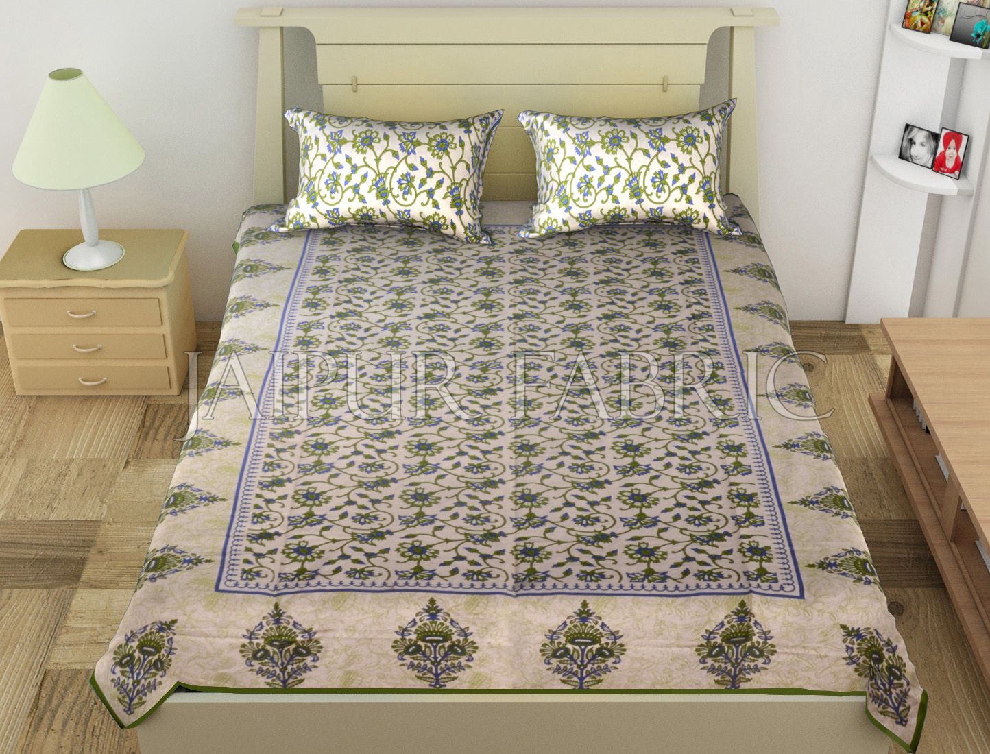Green Border Anthemion Pattern Cotton Single Bed Sheet