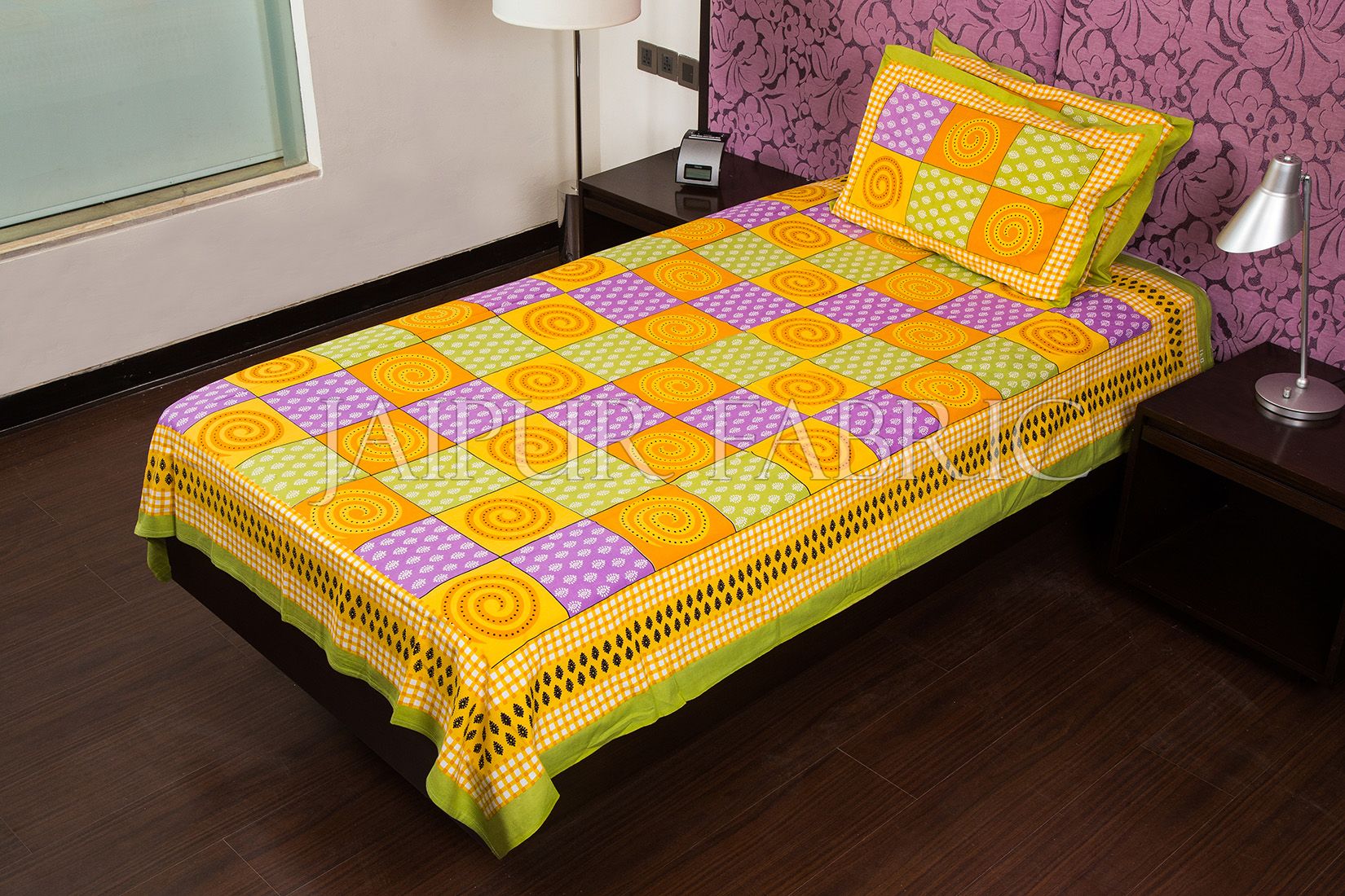 Green Base Yellow Rangoli Print Cotton Single Bed Sheet