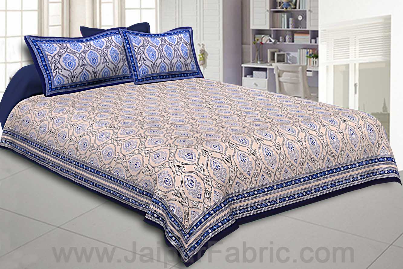 Double Bedsheet Rangoli Print Blue Border Fine Cotton