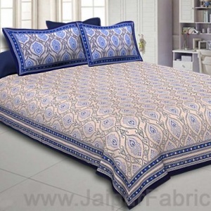 Double Bedsheet Rangoli Print Blue Border Fine Cotton