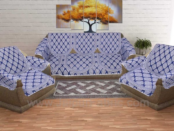 Navy Blue Superfine Cotton Block Print Sofa Set Cover