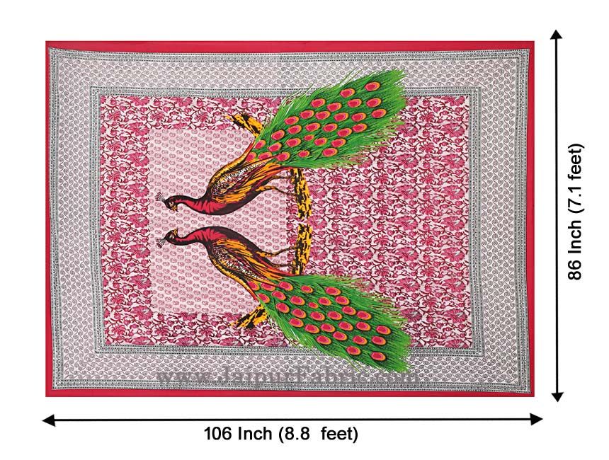 Pink Border Pink and Green Two Large Peacock Pigment Print Cotton Double Bedsheet