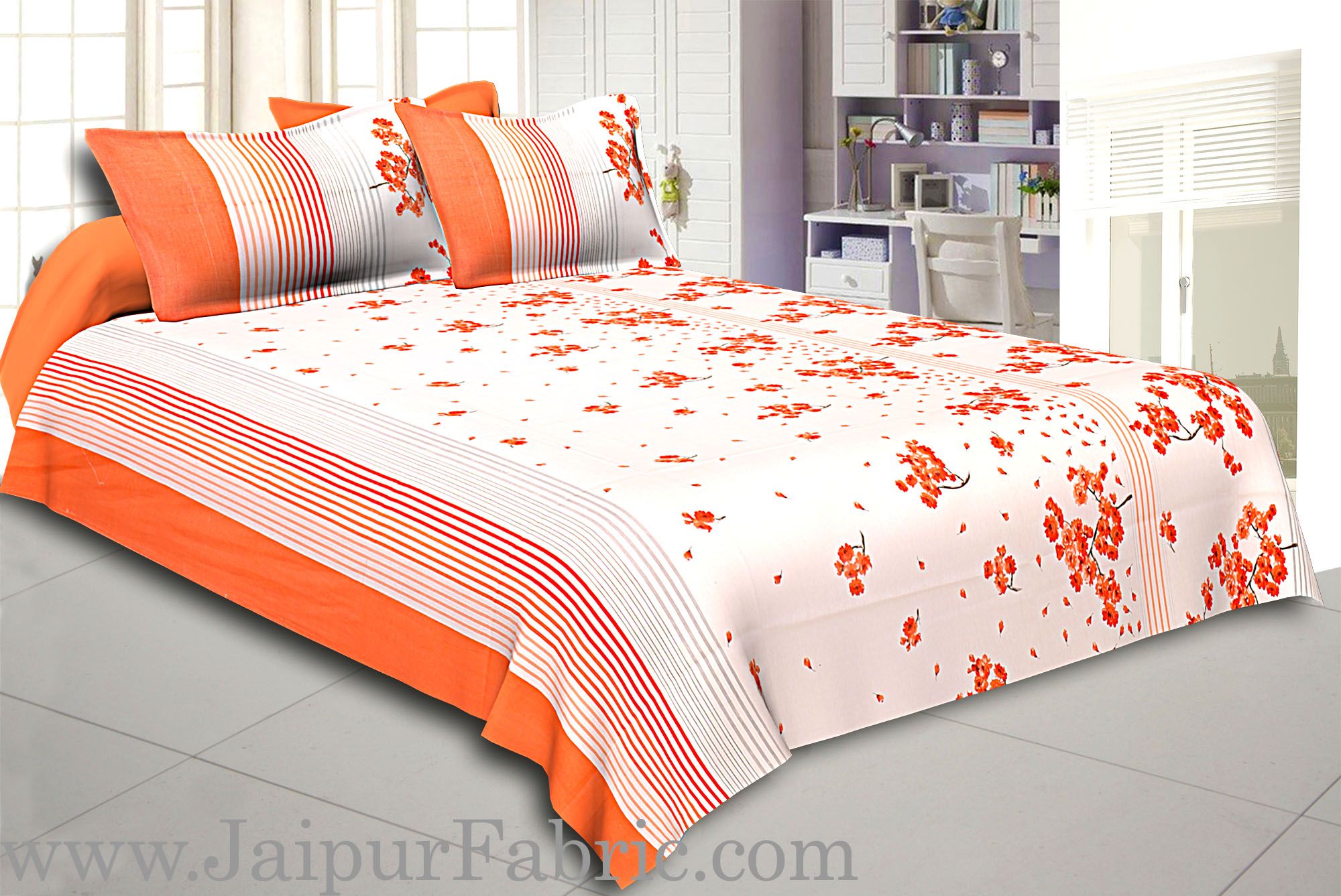 Orange and Black Stripes Floral Print Cotton Double Bed Sheet