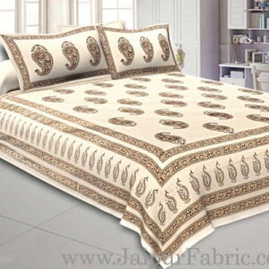 Double Cotton Bed Sheet  Cream  Base With Golden hand Block Paisley  Print