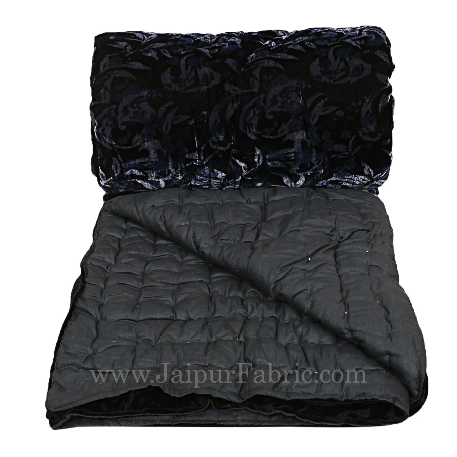 Jaipuri Double Quilt/Rajai  Hand Crafted Black Floral  Print Velvet