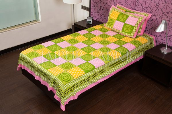 Pink Base Green Rangoli Print Cotton Single Bed Sheet