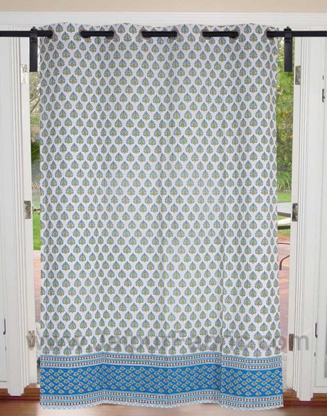 Sky Blue Floral Geometric print Cotton Grommet Curtain