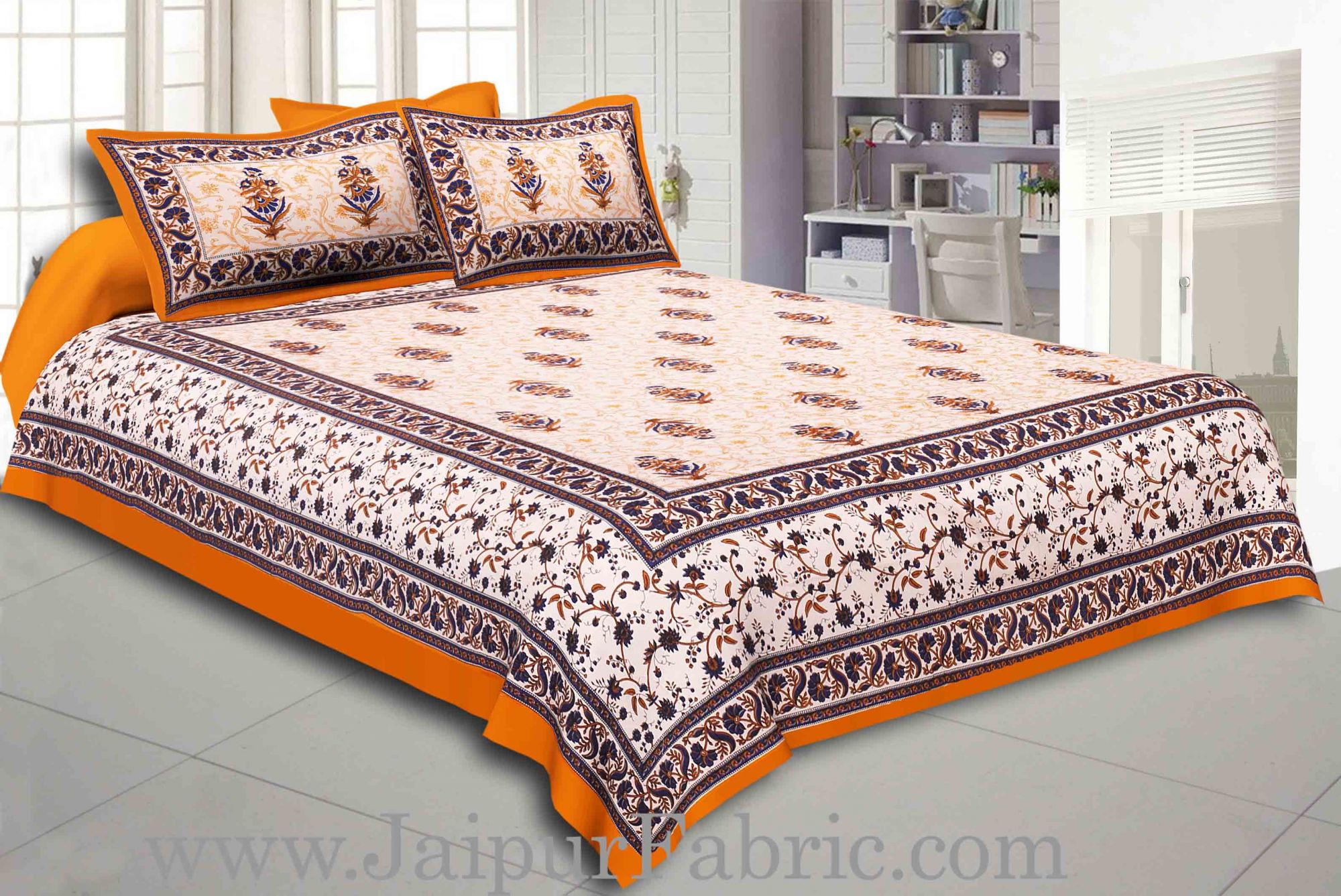 Yellow Border With Cream Base With  Small Mughal Print Cotton Double Bedsheet With Pillow Cover