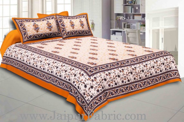 Yellow Border With Cream Base With  Small Mughal Print Cotton Double Bedsheet With Pillow Cover