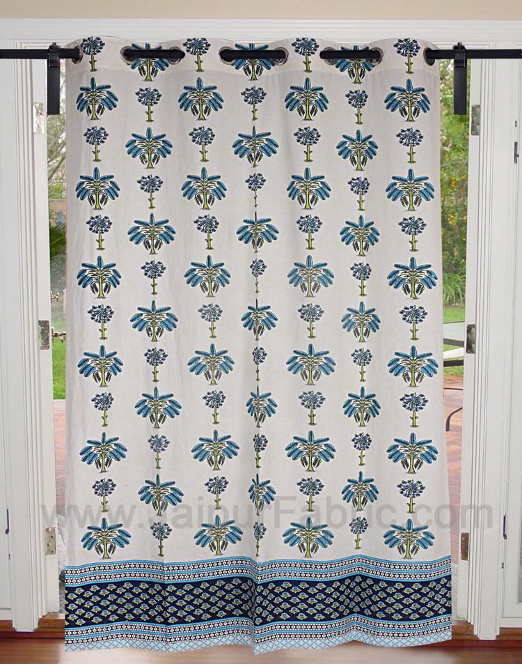 Sky Blue Tree Print Cotton Grommet Curtain