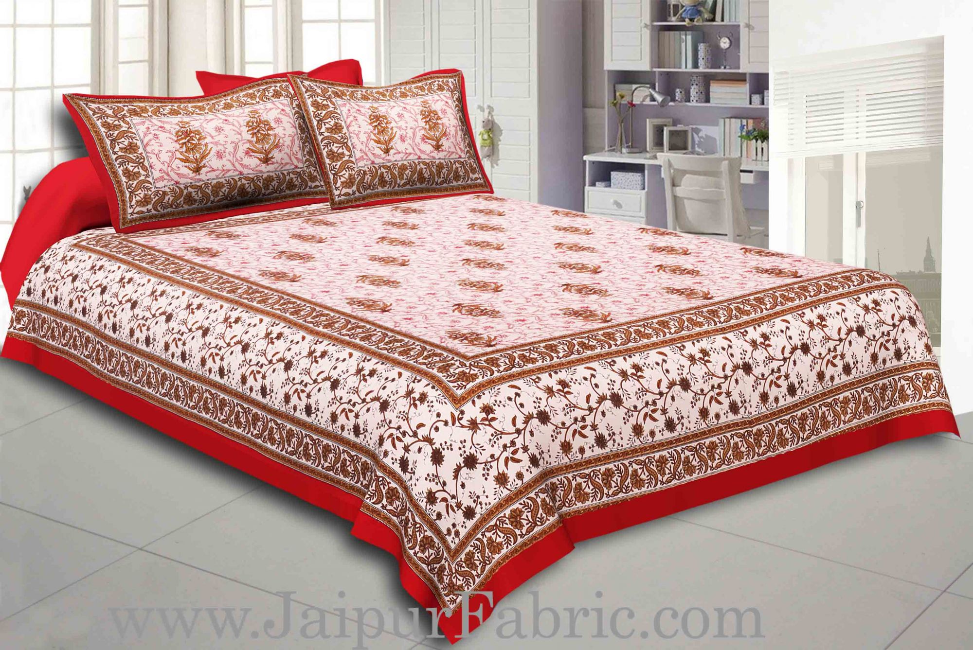 Maroon Border With Cream Base With  Small Mughal Print Cotton Double Bedsheet With Pillow Cover