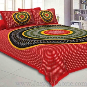 Double Bedsheet Red Green With Round Shape Bandhej Print