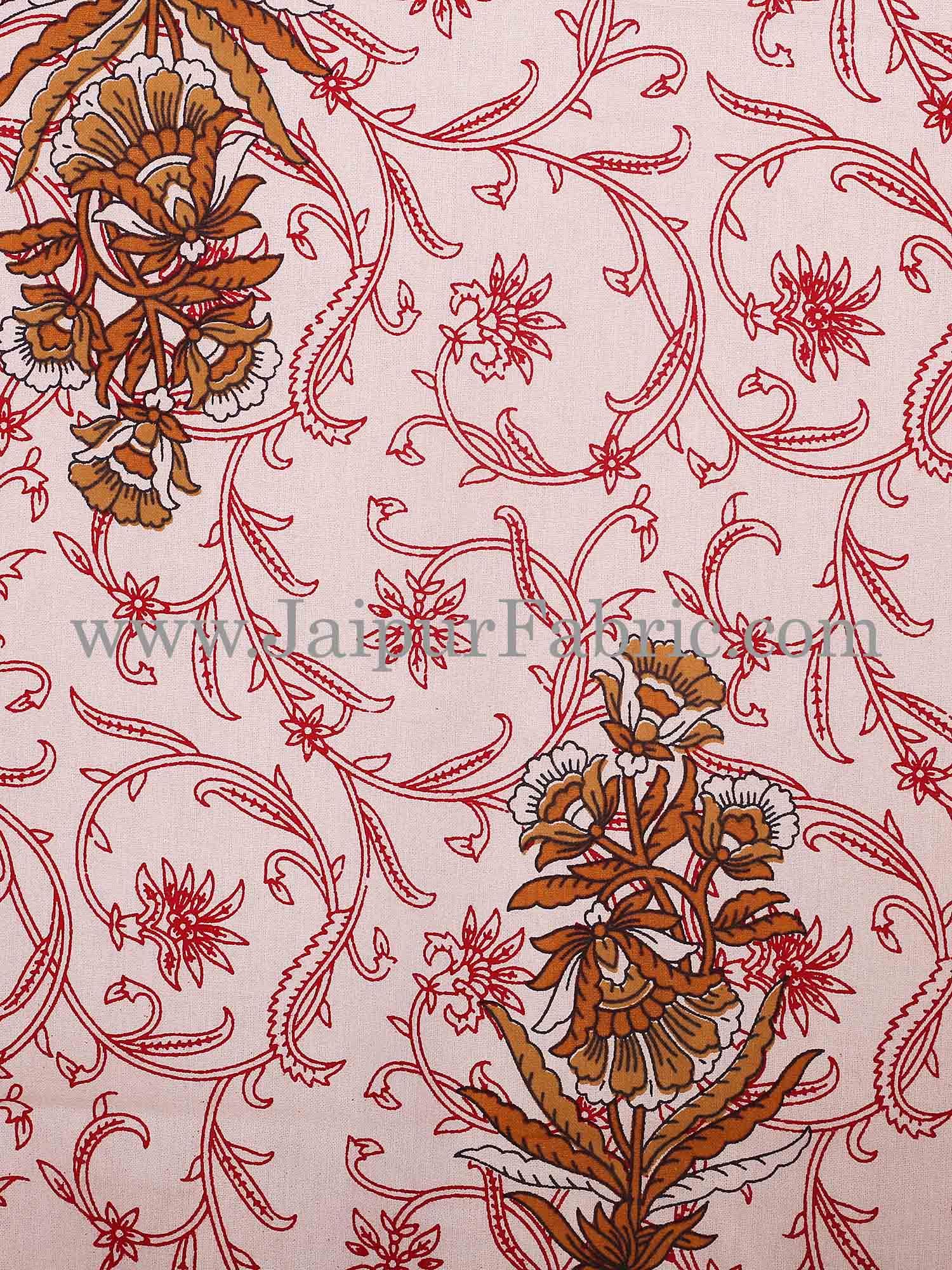 Maroon Border With Cream Base With  Small Mughal Print Cotton Double Bedsheet With Pillow Cover