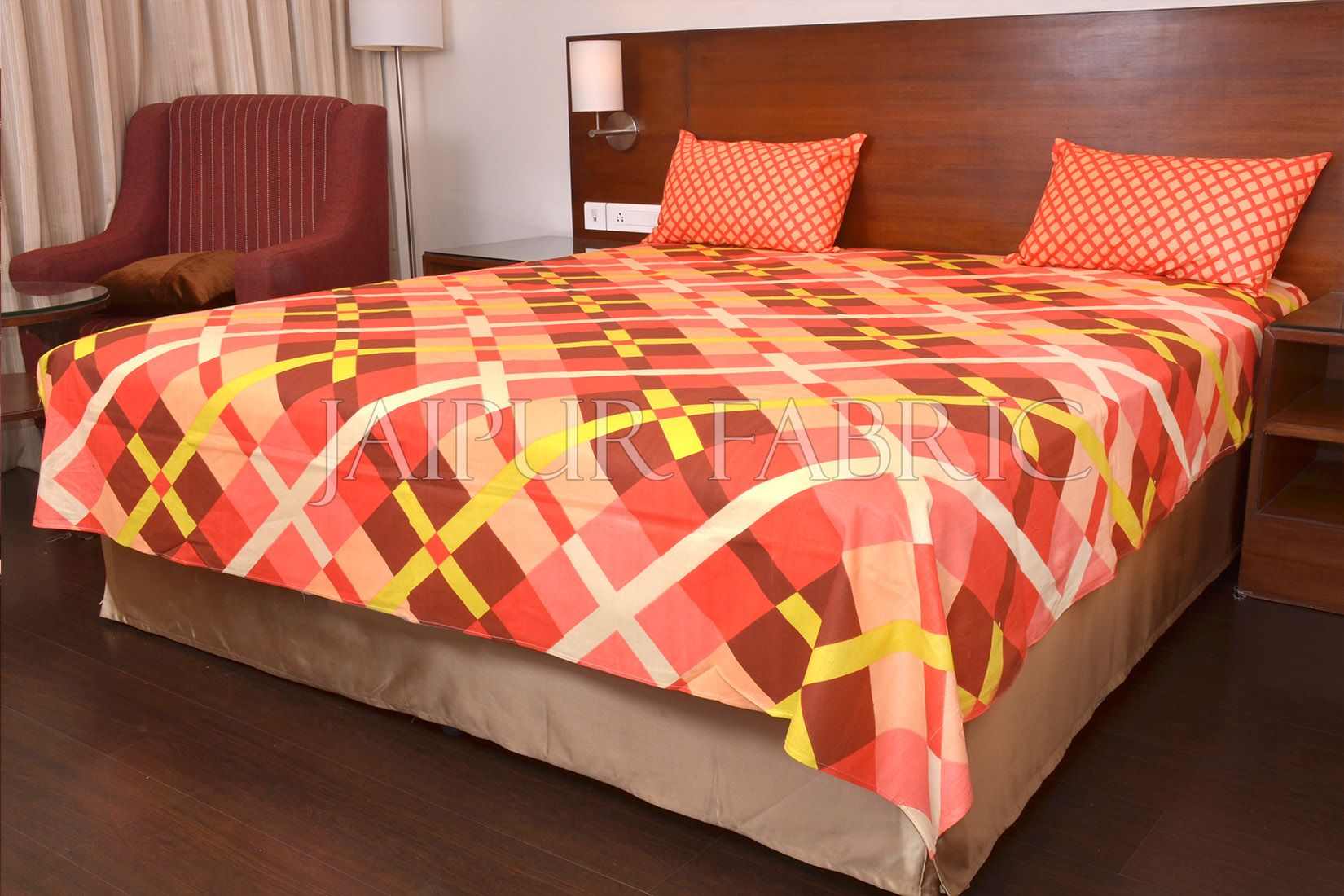 Peach Color Orange Square Print Double Bed Sheet