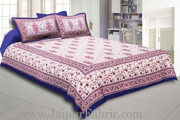 Blue Border With Cream Base With  Small Mughal Print Cotton Double Bedsheet With Pillow Cover