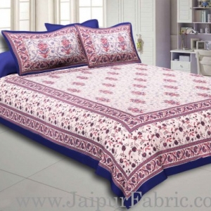 Blue Border With Cream Base With  Small Mughal Print Cotton Double Bedsheet With Pillow Cover