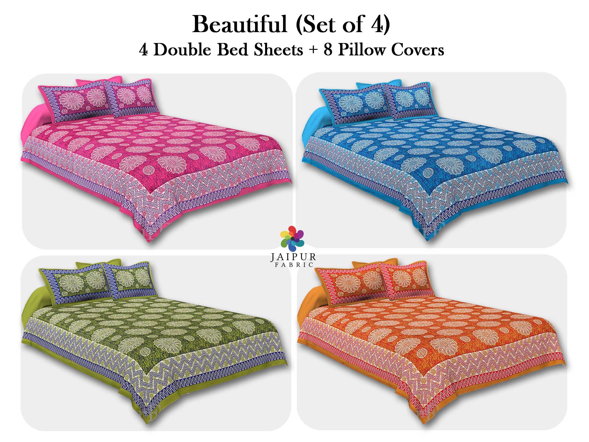 COMBO102 Beautiful Multicolor 4 Bedsheet + 8 Pillow Cover