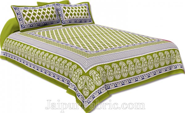 Double Bed Sheet  Green border With paisley Print Fine Cotton