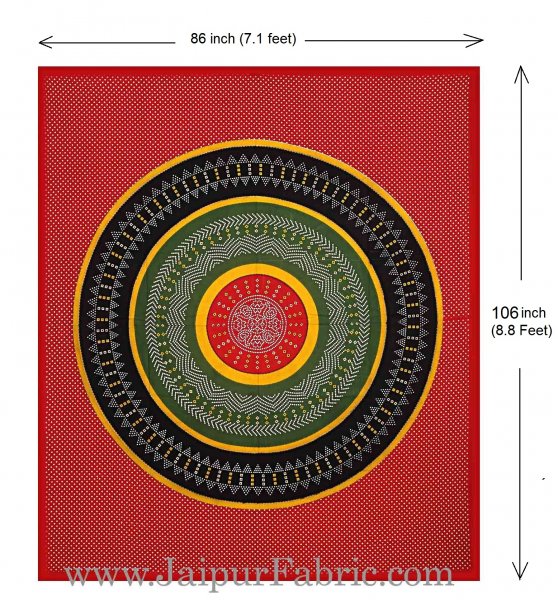 Double Bedsheet Red Green With Round Shape Bandhej Print
