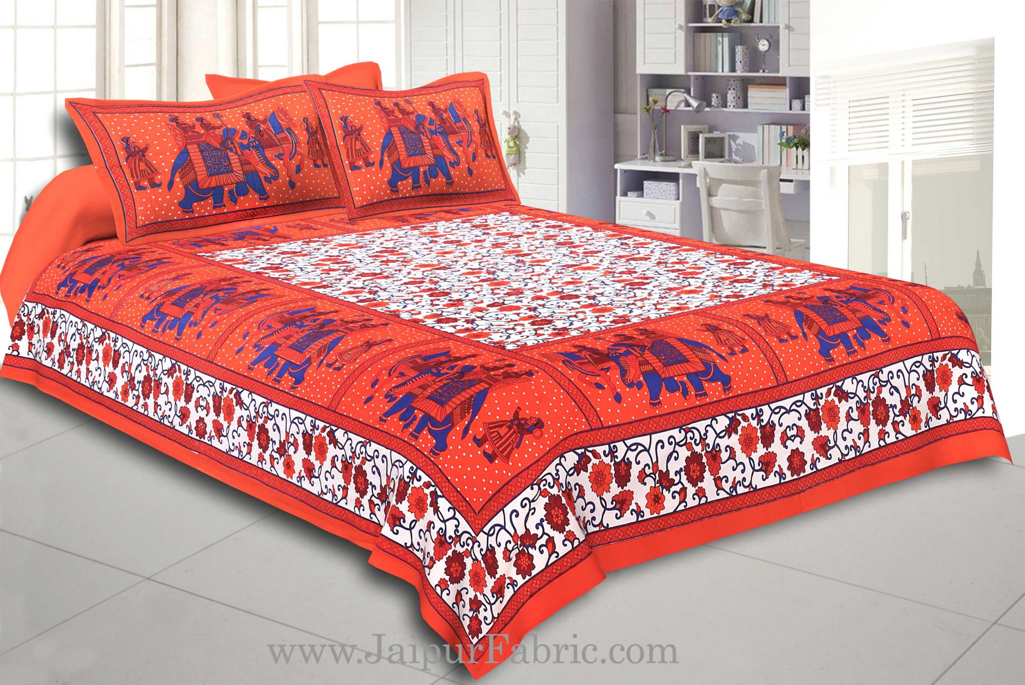Orange Gangaur Pattern cotton Double Bed sheet