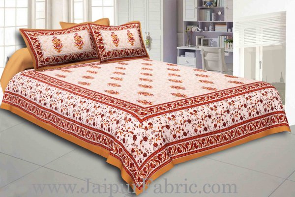 Brown Border With Cream Base With  Small Mughal Print Cotton Double Bedsheet With Pillow Cover