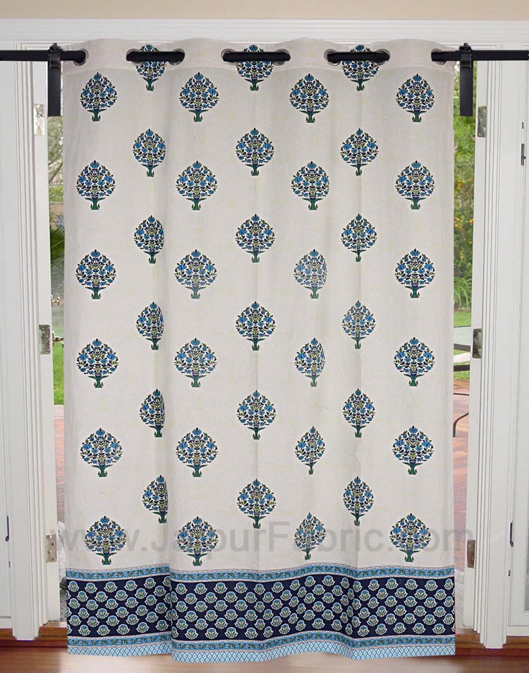 Royal Blue Floral Bouquet Cotton Grommet Curtain