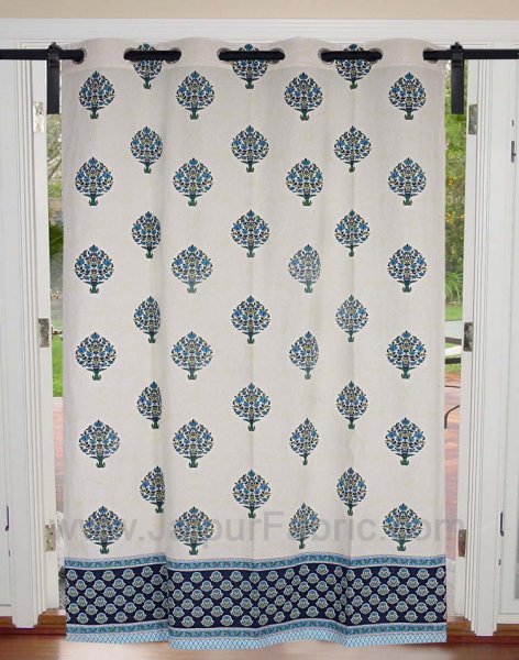 Royal Blue Floral Bouquet Cotton Grommet Curtain