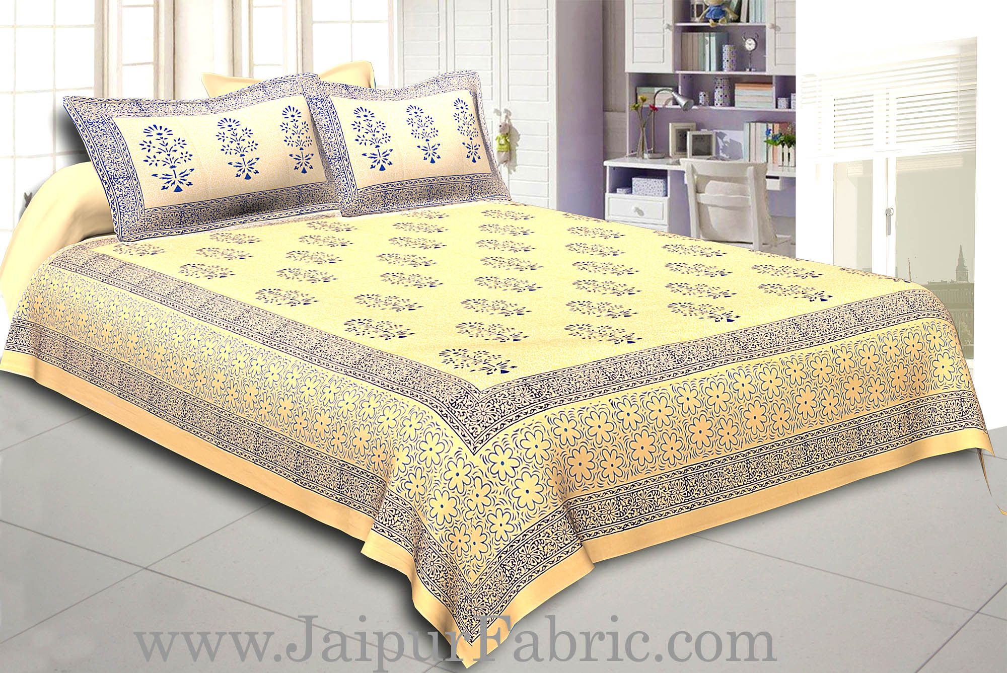 Cream Base With Kadi Print Blue Leaf Hand Block Print Super Fine  Cotton Double Bed Sheet