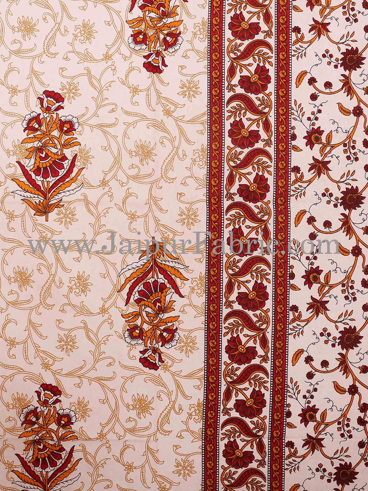 Brown Border With Cream Base With  Small Mughal Print Cotton Double Bedsheet With Pillow Cover