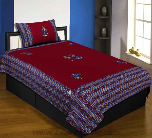 Applique Maroon Dandiya Jaipuri  Hand Made Embroidery Patch Work Single Bedsheet