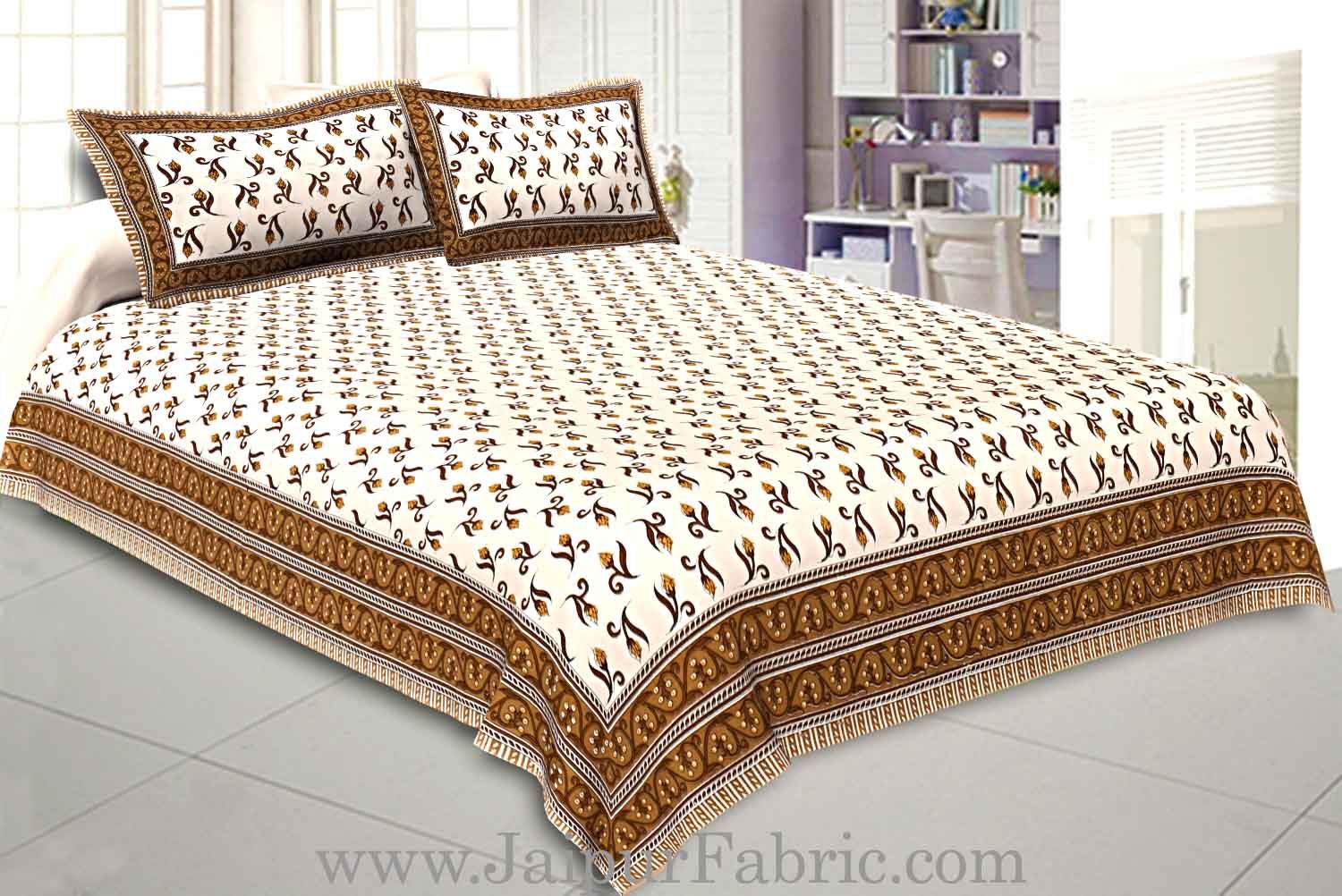 Double Bedsheet Brown Border Small Floral Print With Two Pillow Cover