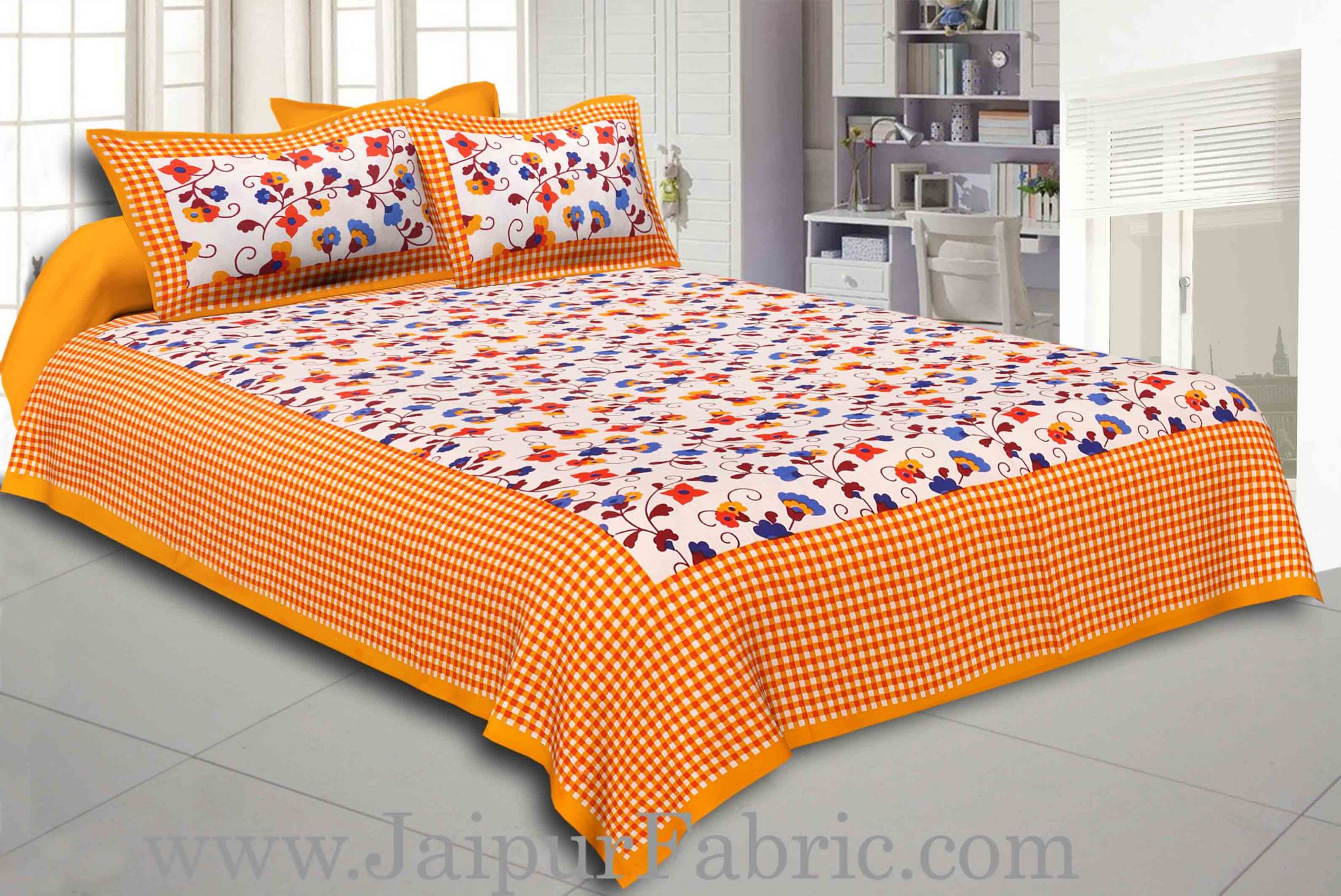 Yellow Border jaipuri design floral print Cotton Double Bedsheet with Pillow Cover